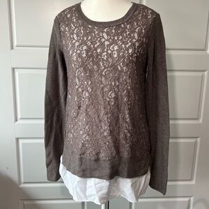 Lace Accent Top Long Sleeve Layered Look Brown Sweater